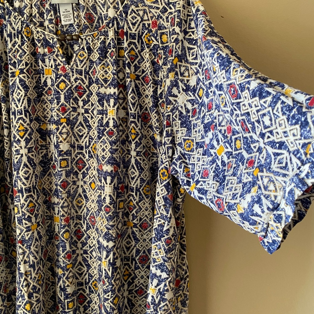 Catherines Navy, White & Mustard Geometric Peasant Tunic 5 X - Picture 4 of 7